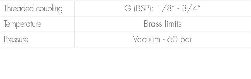 Threaded coupling,G (BSP): 1/8” 3/4”,Temperature,Brass limits,Pressure,Vacuum 60 bar 